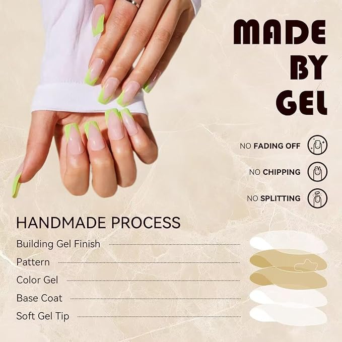 press on nails [24 Pack] Push On Green Beveled French French Nails | Reusable Slides | Thin and Breathable | Comes with Tool Bag | Fingertip Art (Daily, Party, Wedding, Gift)