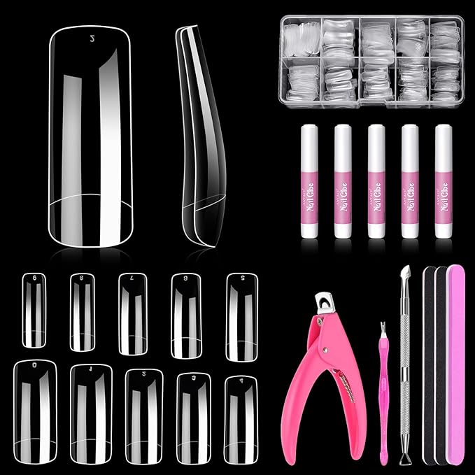 MORGLES 500 Pcs Clear Acrylic Nail Tips Square Full Cover with Nail Clipper Files and Glues Cuticle Fork for Home DIY with Box