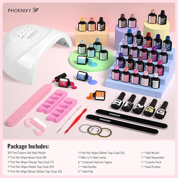 PHOENIXY 51 PCS Gel Nail Polish Kit with U V Light, 35 Colors Gel Polish with 5 Pcs Base Top Coat Manicure Starter Nail Polish Set Gifts for Women ST9012