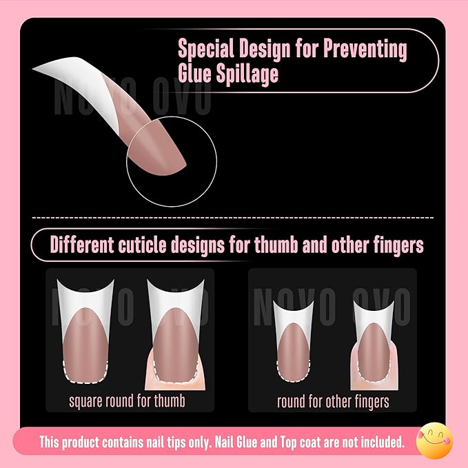 NOVO OVO Halloween Duck Nail White French Tips Press On BROWN PINK with Moon Curve, Medium Extra Thick Full Cover Acrylic,Pre-Etched Wide Soft Gel False Nail Extension for Salon DIY x 15 Sizes 150 pcs