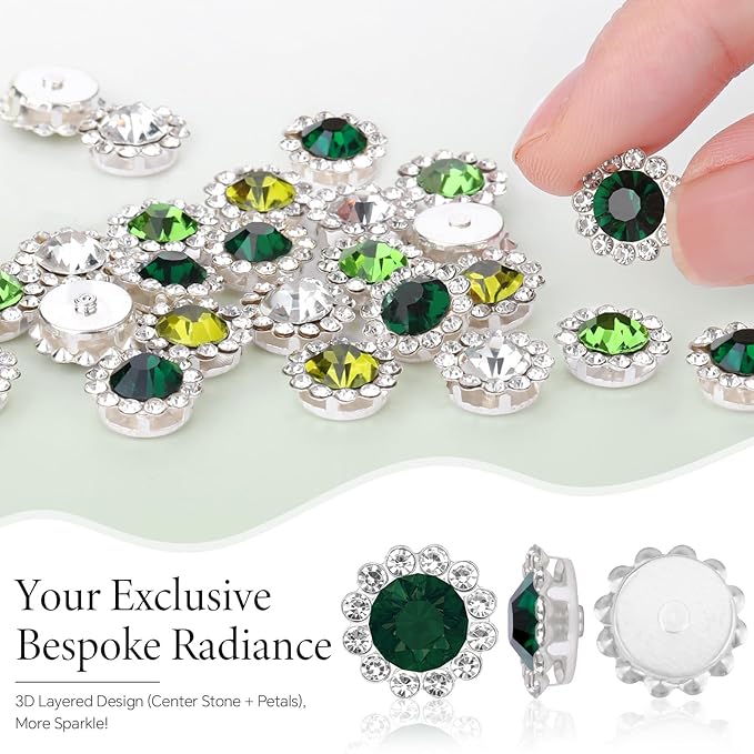 200 Pcs 12MM Sew on Rhinestones Mixed Colors Crystal Glass Metal Base Flower Shape, Flatback Rhinestones for Crafting, Sewing Accessories for Clothes and Shoes (Green)