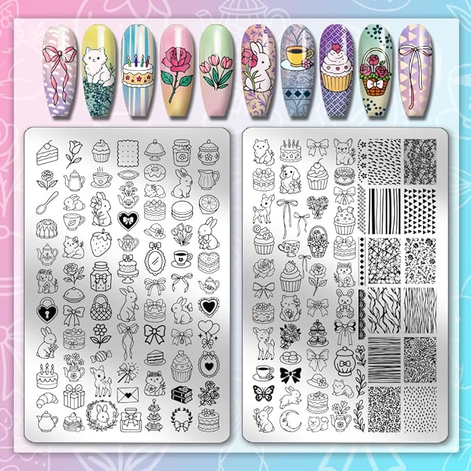 PH PandaHall 2pcs Cute Animals Nail Stamping Plates Bunny Cats Nail Art Templates Afternoon Tea Theme Dessert Cake Manicure Art Stencils for Manicures Salon Print Decoration