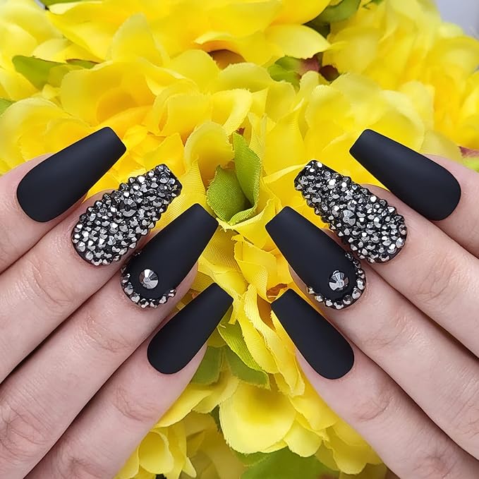 Hypnaughty 24 Pcs Rhinestone Noir Coffin Press On Nails with Gunmetal Color Luxury Rhinestones and Glue Medium Length Glue On False Nails (Rhinestone Noir)