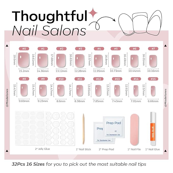 Modelones Soft Pink Press on Nails, Spring Short Square Fake Nails, Semi-Transparent Reusable Nail Kit with Nail Glue Adhesive Tabs Mini Nail File, Nails Press Ons 32Pcs16 Sizes, Women Girl Gift
