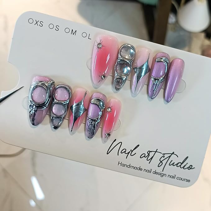 Aurora Purple Nails,Acrylic Metallic Press on Nails Long Almond,Sweet Cool Fake Nails With Soft Gel, 10Pcs/Box Handmade Acrylic Glue on False Nails Press Ons,y2k False Nails For Women Gift(S)