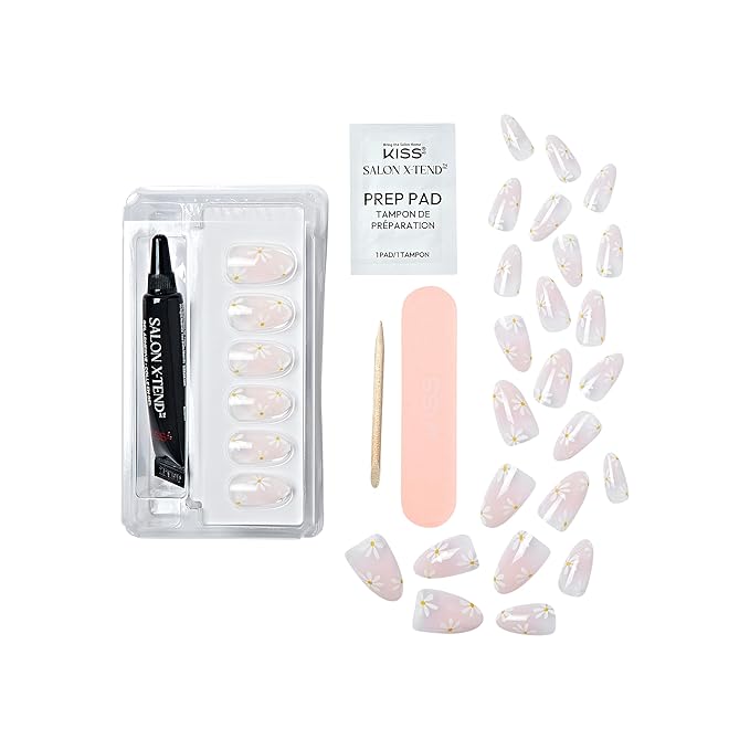 KISS Salon X-tend, Press-On Nails, Nail glue included, 'Red Flags', Light Pink, Medium Size, Almond Shape, Includes 30 Nails, 5Ml Led Soft Gel Adhesive, 1 Manicure Stick, 1 New Mini File, New Prep Pad