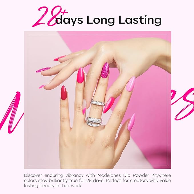 Modelones Dip Powder Nail Kit, 4 Colors Hot Pink Rose Glitter Dipping Starter Set with Liquid and Complete Accessories for French Nails Art Salon DIY at Home Manicure