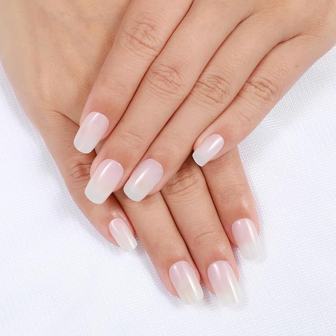 Rnker Press On Nails - Transparent Color, Short Square Top gel Nails with Bright Finish, 15 Sizes - 30 Nail Kit with Glue