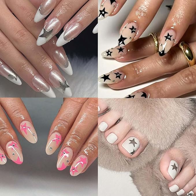 14 Sheets Star Nail Art Stickers, 7 Colors 3D Self-Adhesive Nail Decals with Gold Silver Black White Blue Pink Holographic Stars, 4th of July DIY Manicure Accessories for Women & Girls