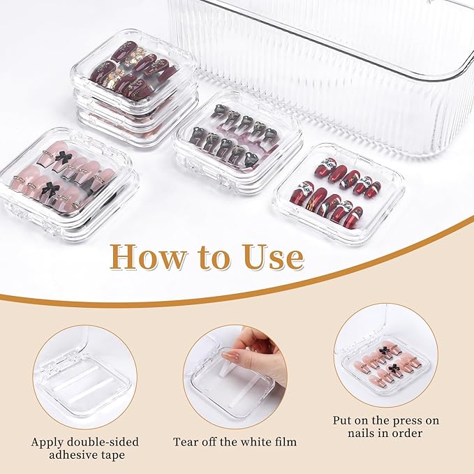 15 Pcs Press On Nail Storage Box Container, Clear Press On Nail Packaging Box with 60 Pcs Adhesive Double Sided Tape, False Nail Organizer Case Nail Display Case for Nail Art Home Salon
