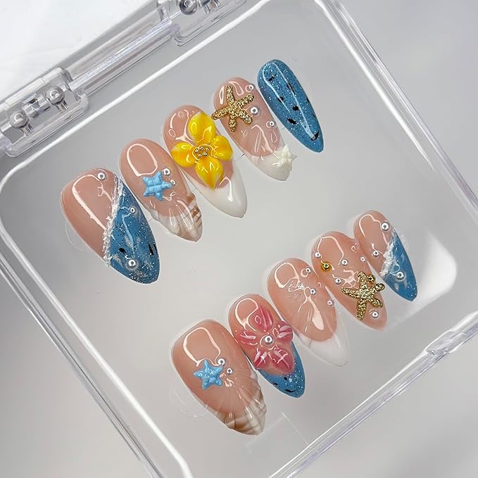 Luxury Press on Nails Medium Almond Handmade 3D Unique Reusable ABS Material Fake Nails Beach French Tip False Nails with Designs Pearls Floral Art Petal Glossy Glue onThick Acrylic Nails(S)