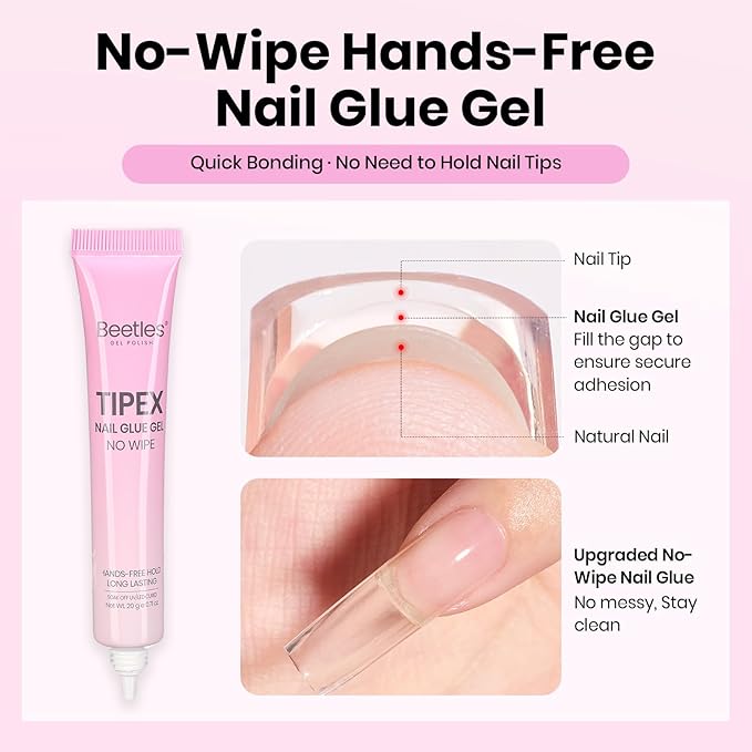 Beetles Tipex Lite Nail Tips Kit with Dehydrator & Primer, Long Square Full Cover Clear Nails 256PCS 16 Sizes, Mini UV Lamp, 20g Solid Nail Glue, Base & Top Coat, All-in-One Nail Starter Kit