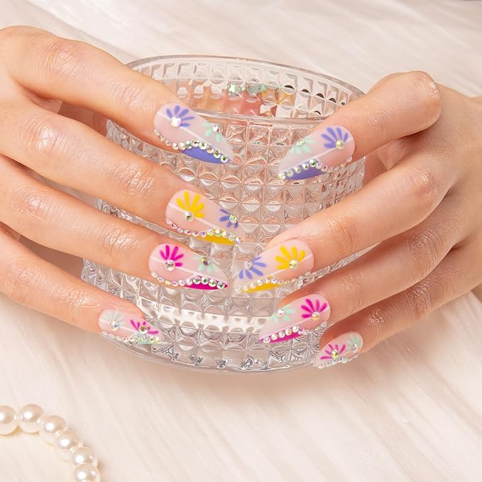 LOVFUL Press on Nails Wild Blooming French Tip | Handmade with Full Covered Crystals | Reusable Fake Nails | Almond Regular 1.0 in | H156-M