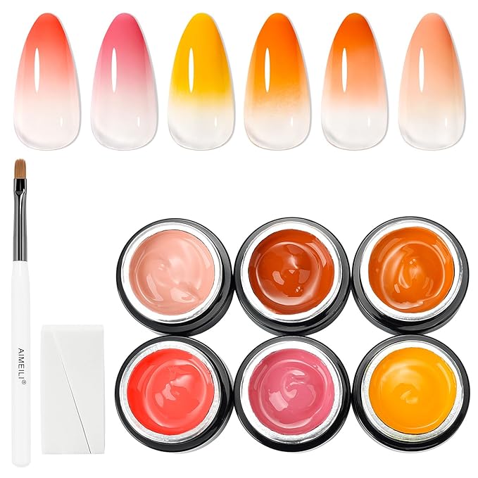 AIMEILI Ombre Gel Nail Polish Kit, Vegan, Cruelty Free, Gradient Blush Effect Solid Gel Polish 6 Colors Pat Painting Gel with Nail Sponge Drawing Brush for DIY Nail Art Salon at Home