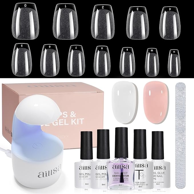 AILLSA Gel Nail Kit Short Coffin Nail Tips 240pcs with 2 In 1 Nail Glue Base Coat and Nail Dehydrator, False Nail Tips Kit with U V Light Top Coat for Beginners DIY Home Salon