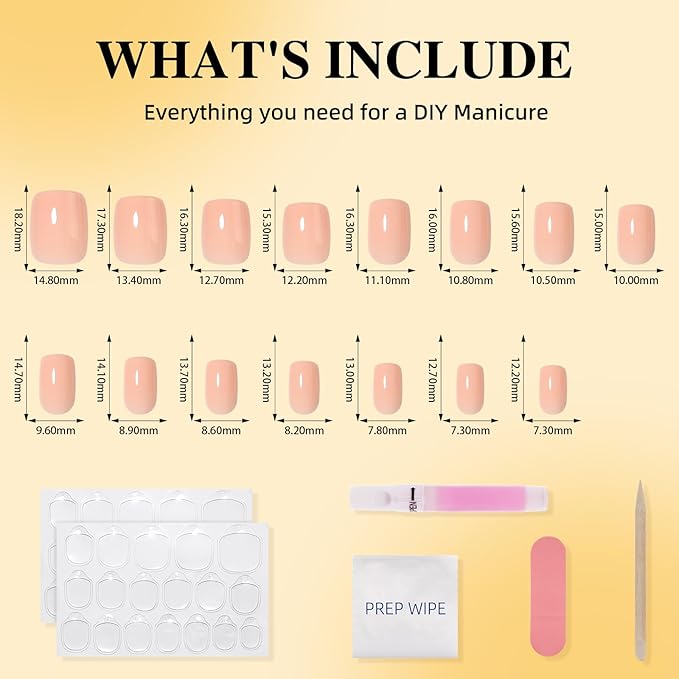 Press on Nails Short - Square Nails Press ons for Women, Reusable Glossy Nude Pink Glue On Nails 30 Pcs 15 Sizes Fake Nails Kit with Glue, Soft Blush