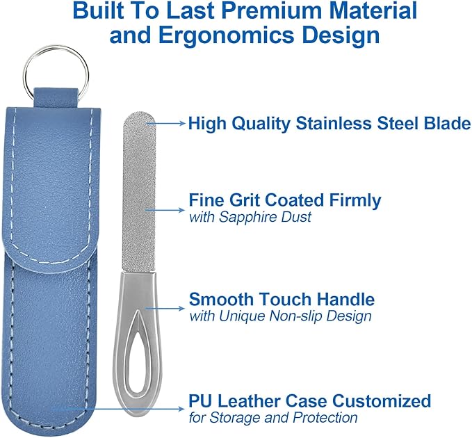 Metal Nail File with Case, 2 Pack Keychain Nail Files for Natural Nails, Fingernail Files Diamond Round Tip Stainless Steel Double Sided Fine Grit Sapphire Filer with Leather Sheath Travel Blue