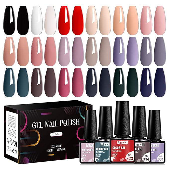 MTSSII Classical Gel Polish Set Nude Gel Nail Polish Set 18 Colors Gel Polish Kit Colorful White Pink Red Blue Black Collection Gel Gifts for Women Girls
