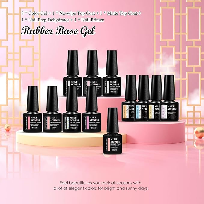 MEET ACROSS 12 Pcs Color Base Gel Nail Polish, 8 Colors Nude Pink Gel Polish Set Neutral Gold Foil Base Coat 3 in 1 Builder Base for Nail Strengthener Soak Off Nail Art for Women