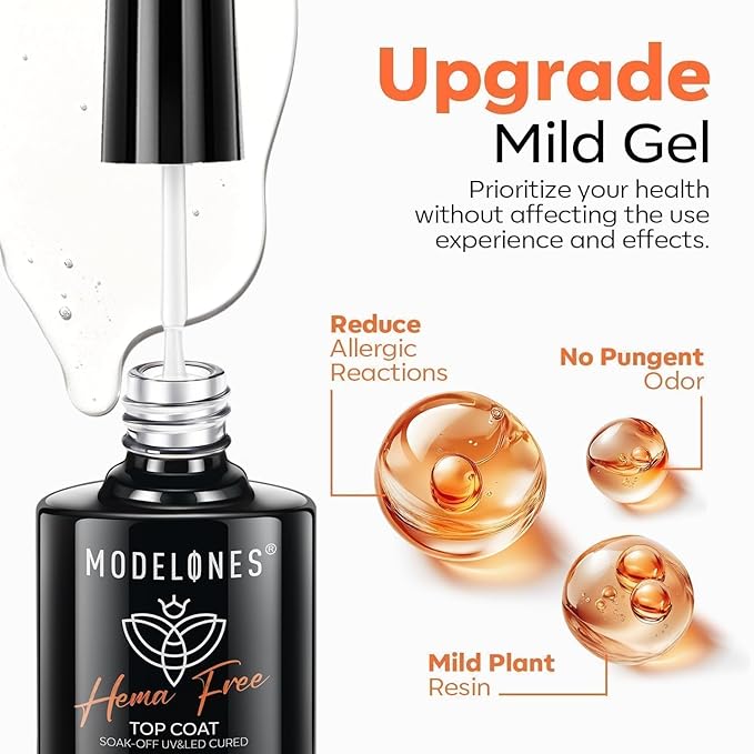 modelones No Wipe Gel Top Coat and Base Coat Set, 2 Pcs Clear Glossy Hema Free Base Top Coat Gel Nail Polish Long Lasting for Spring Nail Polish, Acrylic Nails Soak Off Nail Lamp Nail Art Home Salon