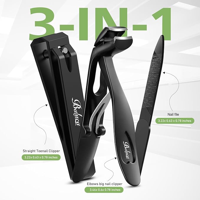 BALUCA Toenail Clippers for Thick Nails for Seniors, Straight Fingernail Clippers and Angled Head Large Toe Nail Clippers with Wide Opening Nail Cutter for Men & Women, Black