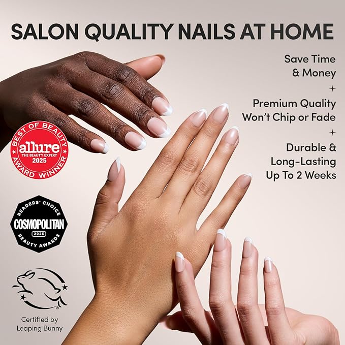 Glamnetic Press On Nails - She's A Pearl | Short Round White French Tip Fake Nails, Salon Quality French Manicure | 12 Sizes - 30 Nail Kit with Glue