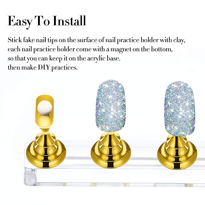Blulu 2 Set Nail Stand for Painting Press Nail Holder Acrylic Magnetic Tips Training Fingernail Display Stands DIY Crystal Holders and 96 Pieces White Reusable Adhesive Putty(Gold)