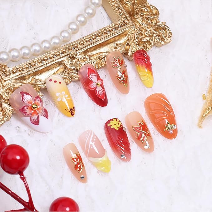 30Pcs Fall Press on Nails Medium Almond French Tip Fake Nails Gilding Maple Leaf False Nails with 3D Flower Ripple Gold Sliver Gems Design Artificial Stick on Nail Full Cover Glue on Nails for Women