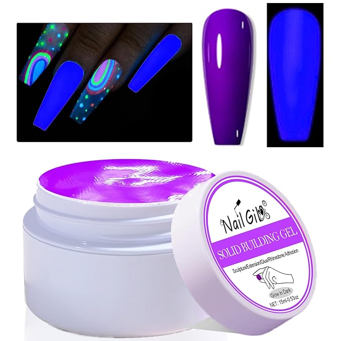 NAILGIL Neon Solid Builder Gel for Nails, Glow in the Dark Fluorescent Purple Sculpture 3D Gel Nail Art for Women Summer Hot Halloween Colors, Non-Stick Hand LED/UV Needed -15g