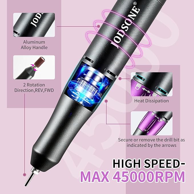 JODSONE Professional Nail Drill 45000 RPM Rechargeable Nail File for Nail Gel Removal Low Noise Portable for Home and Salon