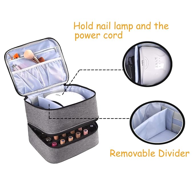Nail Polish Organizer - Holds 30 Bottles & Nail Lamp, Double-Layer Nail Organizers and Storage, Nail Polish Bag with Handle Nail Travel Case for Nail Tech (Grey)