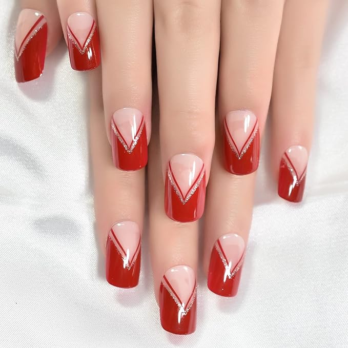 Red Gold Glitter V-Shape Press On Nails Medium Square Acrylic Full Cover Salon DIY False Nails 24 pcs/kit