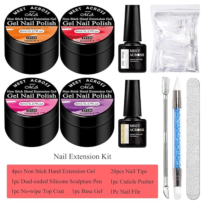MEET ACROSS All-in-One Extension Mini Kit Non-Sticky Builder Gel Starter Kit WIth Base & Top Coat/Dual-Silicone Pen/Pro File/20-Pc Reusable Dual Forms Salon-Grade Extensions (Orange+Red+Pink+Purple)
