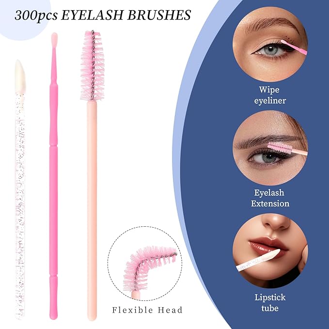 300 PCS Eyelash Extension Supplies Kit, Disposable Micro Swab Brush, Eyebrow Spoolie, Lip Brush, Mascara Wand Applicator (Light pink)