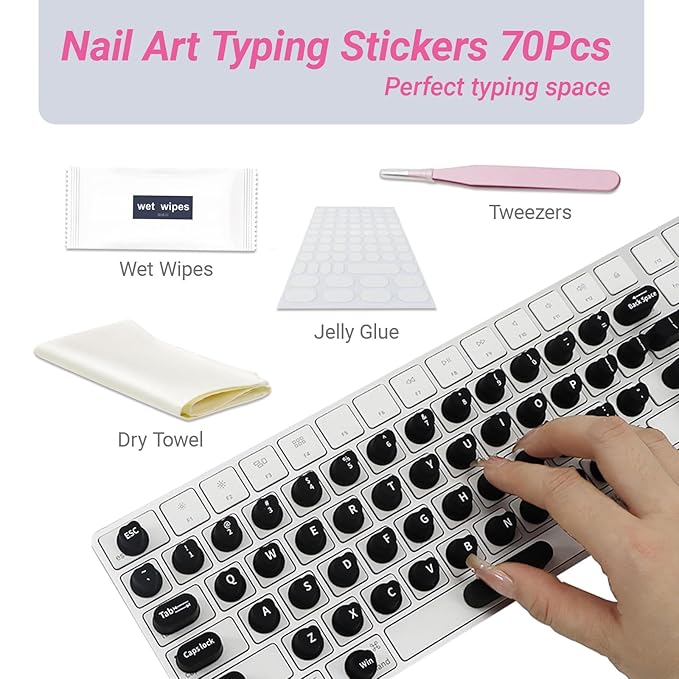 Raised Keyboard Stickers for Long Nails with Letters - Heart-Shaped Antistatic Silicone Protective Cover with Tweezers, Wet Wipes, Dry Towel & Jelly Glue, Ideal for Typing, Gaming & Nail Art (70 Pcs)
