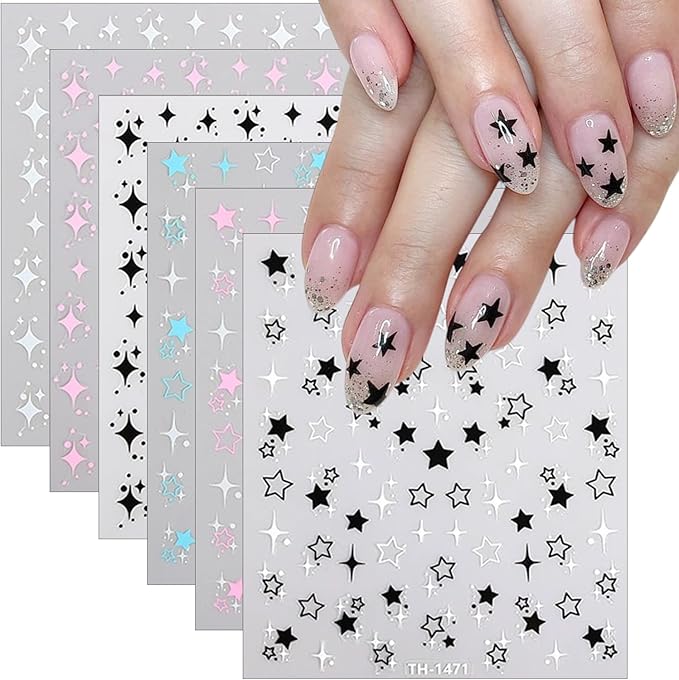 6Pcs Independence Day Star Nail Art Stickers Decals 3D Self-Adhesive Shiny Star Nails Decals Glitter Black White Pink Blue Five Pointed Stars Nail Stickers French Starlight Nails Supplies Decoration