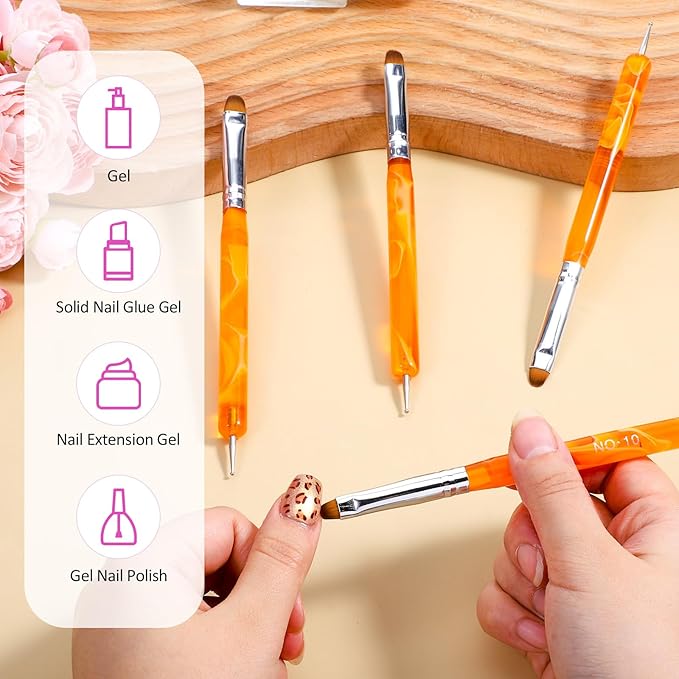4pcs French Gel Nail Art Brush Acrylic Two Way Nail Art Brush with Dotting Professional Manicure Tool for Manicure Cuticle Clean up Detailed Designs Nails Dotting Pen (10#, 12#, 14#, 16#)