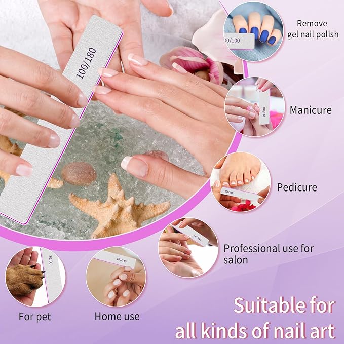 Professional Nail Files for Gel Nails- 100/180 Grit Nail Files for Acrylic Nails, Double Sided Washable Coarse Nail File Manicure Tool for Salon