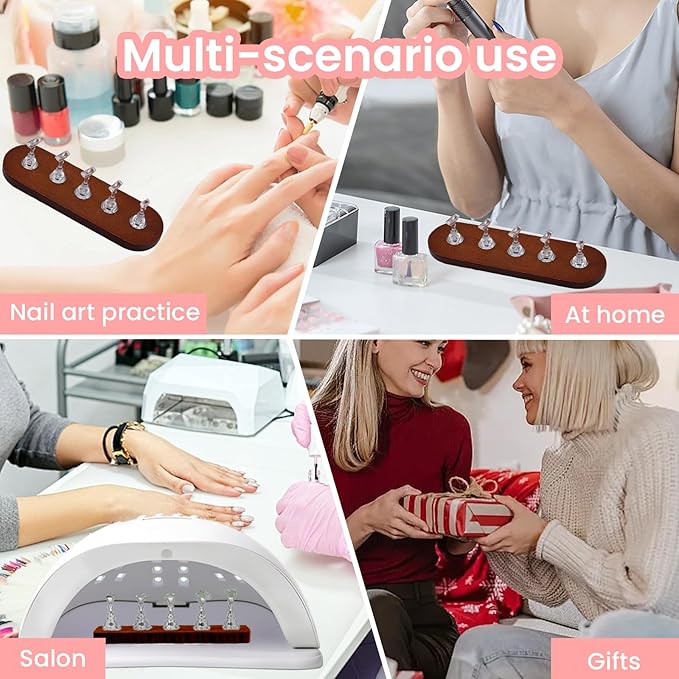 Wooden Stand for Nails Art Display Practice 2 Set, 1 Heart Shaped Acrylic Magnetic Nail Stand, Fake Nail Holder with 200 Pieces Double-sided Tape, For Home DIY Salon Supplies (Walnut, Large)