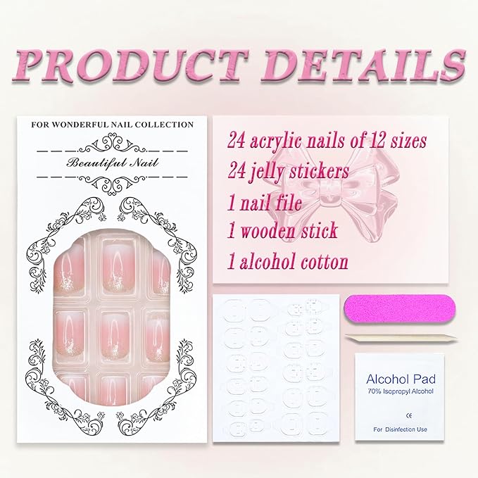 Ombre Press on Nails Short Square MABKJLF French Tip Fake Nails False Nails with Designs Gold Glitter White Pink Gradient Glossy Glue on Nails Acrylic Nails for Women Girls 24 Pcs