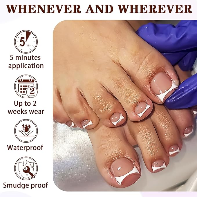 150pc White French Tips Press on Toenails Women Fake Toe Nails with Glue Tab, Brown Toe Nail Press ons Nails Short Square Fake Toenails French Toes Nail Tip Glue Toenail Stick Acrylic Toes Nails Kit