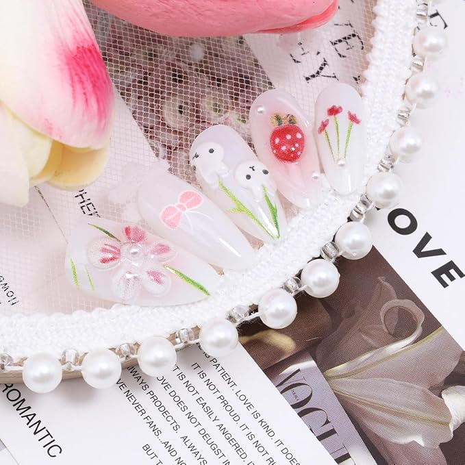 30Pcs Cute Press on Nails Medium Almond Fake Nails 3D Pearl Design Pink Flower Glue on Nails Easter Acrylic Nails Bunny False Nails Star Strawberry Bow Artificial Stick on Nails for Women Manicure