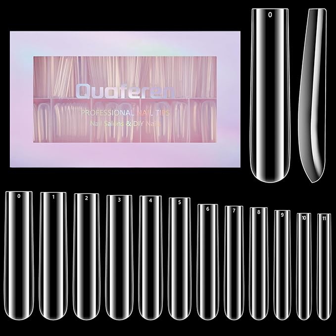 Quaferen 504Pcs Clear Square Nail Tips for Acrylic Nails Professional, XXXL Extra Long Tapered Square Straight Acrylic Nail Tips, Full Cover No Crease Nail Extension False Nails for DIY Nail Art