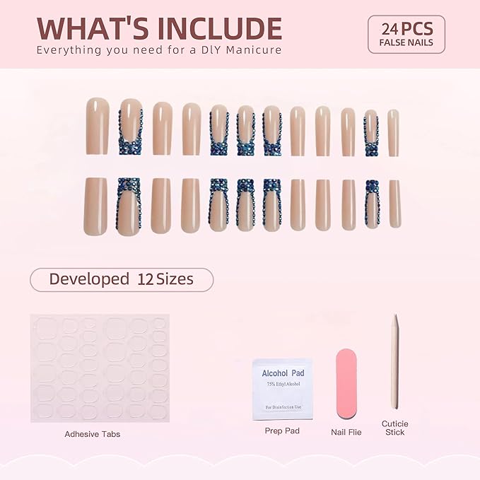 24Pcs Press on Nails Long Square Blue French Tip Fake Nails Rhinestones Full Cover Nails Press ons Glue on Nails with Designs Acrylic Nails Glossy Artificial Nails for Women Manicure