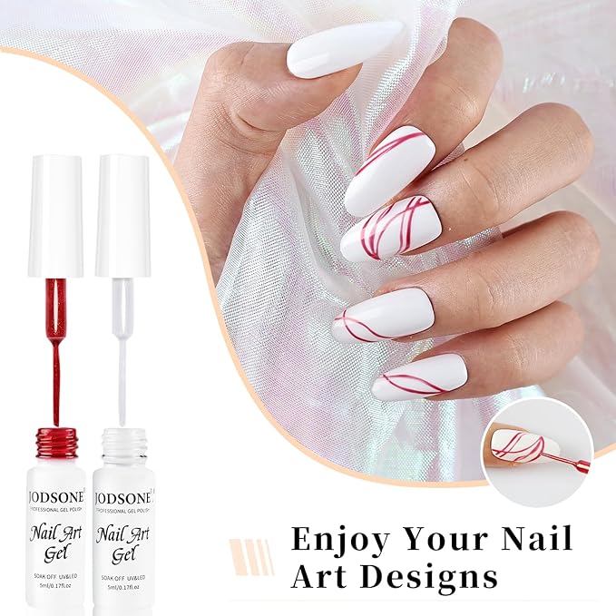 JODSONE Nail Art Gel Liner Set 10 Colors Glitter Red Black Pink Gel Nail polish Need U V Lamp Cured with Thin Brush at Home Salon Design,Valentines Gifts for Women