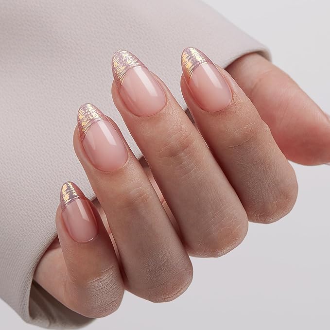 VSALON Press On Nails Short Almond, Aurora Gold French Tip Fake Nails 3D Sculpting Design Glue On Nails With UV Glue, Reusable Stick On Nails Fall Wedding Gift 16 Sizes - 32 Pcs Kit