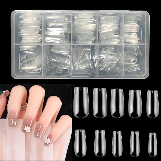 1000Pcs Short Full Cover Almond & Square Nail Tips Gel x Clear Set,10 Size Clear Press On False Nail Tips for Manicure Art Home DIY Salon