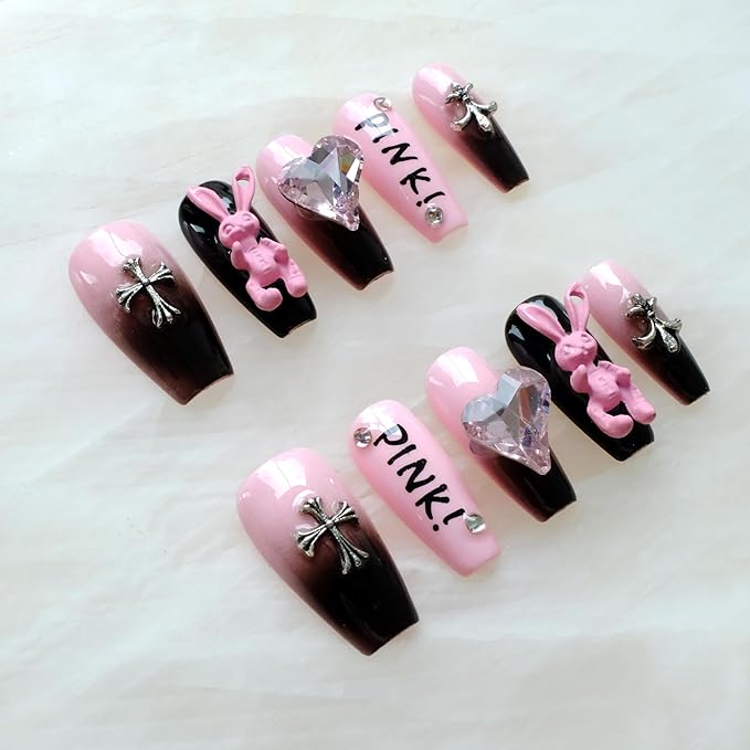 Luxury long Long Ballerina Press-On Nails, Pink and Black Gothic Design with 3D Bunny and Diamond Heart, Handmade False Nail 10 Pieces (Large, LS)