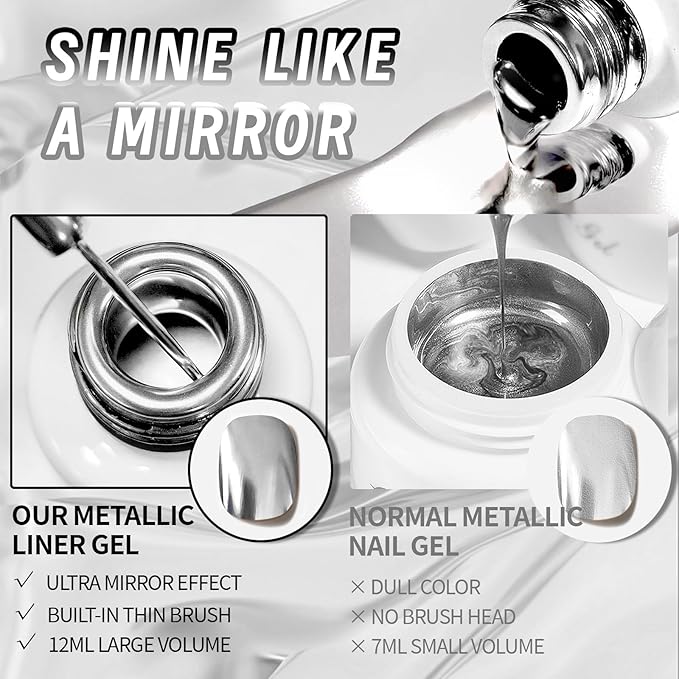 12ml Metallic Painting Gel Liner Nail Art 3D Mirror Chrome Effect Nail Polish Metal Painted Drawing Build in Thin Brush Soak Off UV/LED Ultra Mirror Silver Gel for Nail Art Manicure