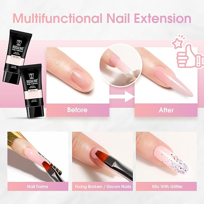 ROSALIND 2 PCS 2oz/60ml Pink Poly Extension Gel Set Bulider Pink Gel for Nail Art, Nail Thickening Poly NailTube Need UV Lamp